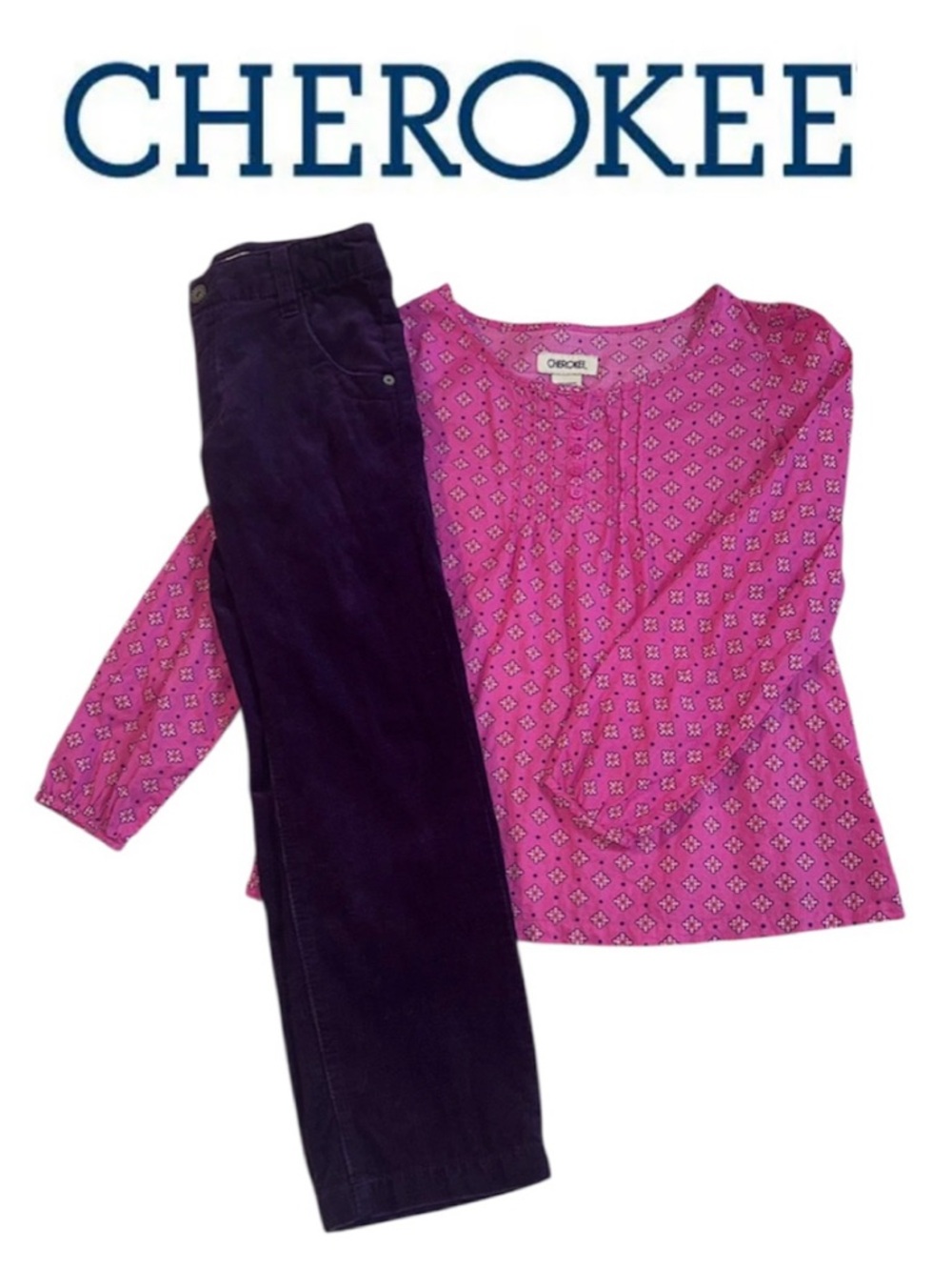 2-pc CHEROKEE Set Pink Swing Long Sleeve Top Purple Corduroy Pants Girl M 7/8